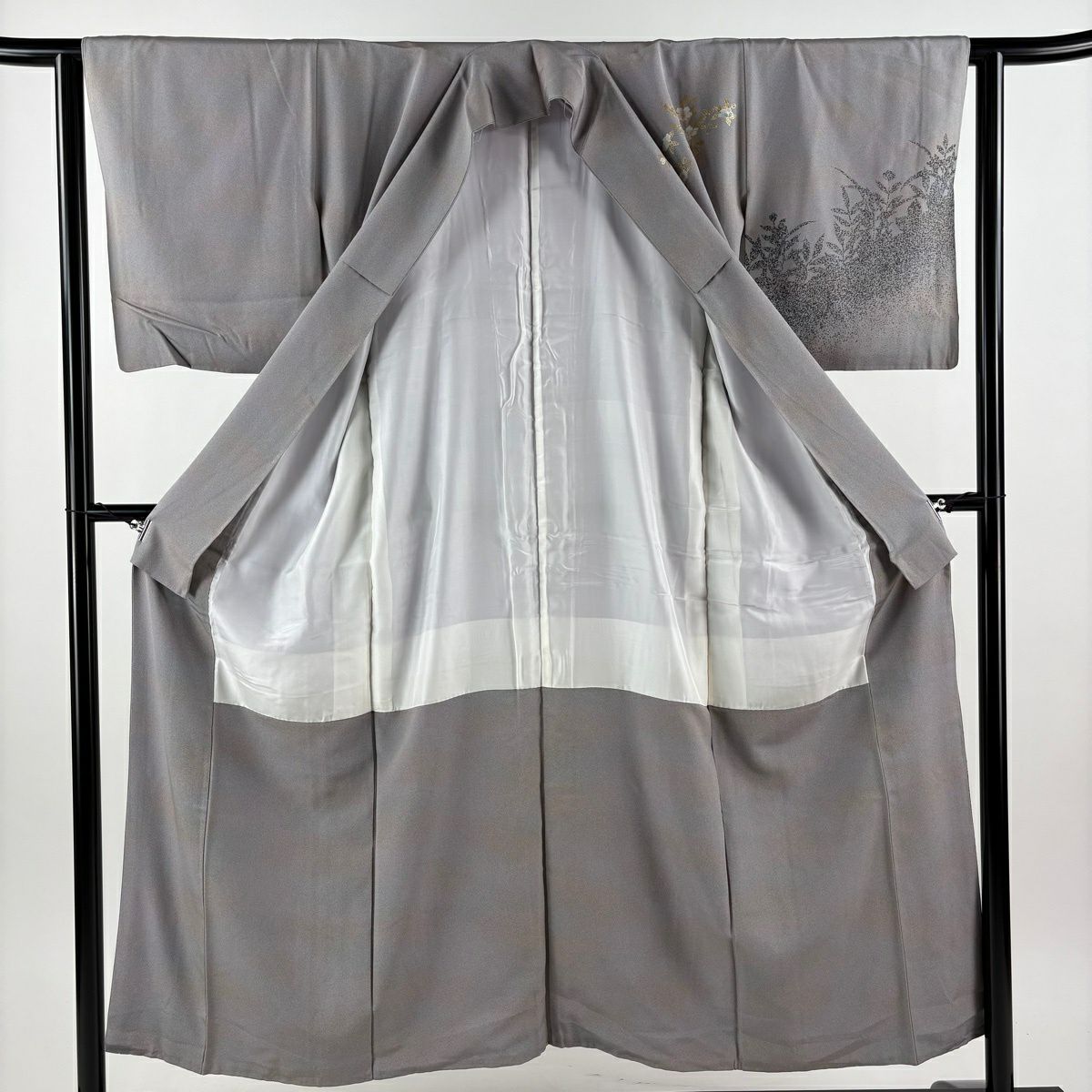 訪問服 身長151.5cm 袖長62.5cm S 雙層 草花紋紋 輪廓 金彩裝飾 漸層 灰色 純蠶絲 優品級