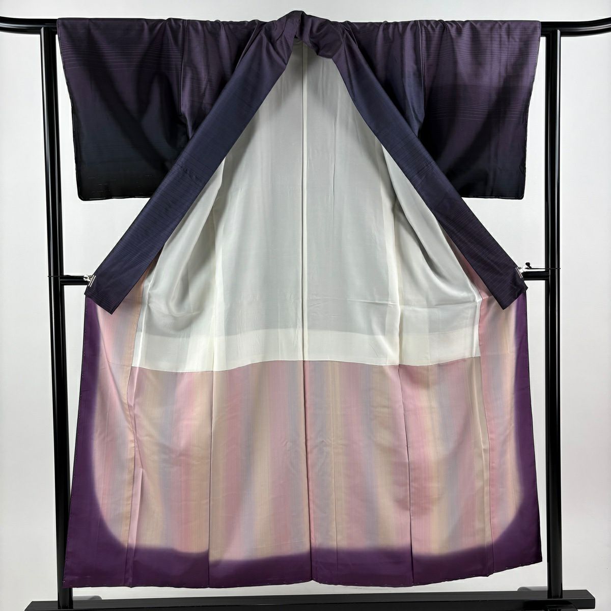 【美品】 付下 身長153.5cm 袖長61cm S 雙層 紬織織 縞 紫 純蠶絲 秀品級