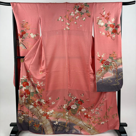 振袖禮服 身長168cm 袖長68cm L 雙層 花車 橋 金絲 金銀彩 粉紅 純蠶絲 秀品級