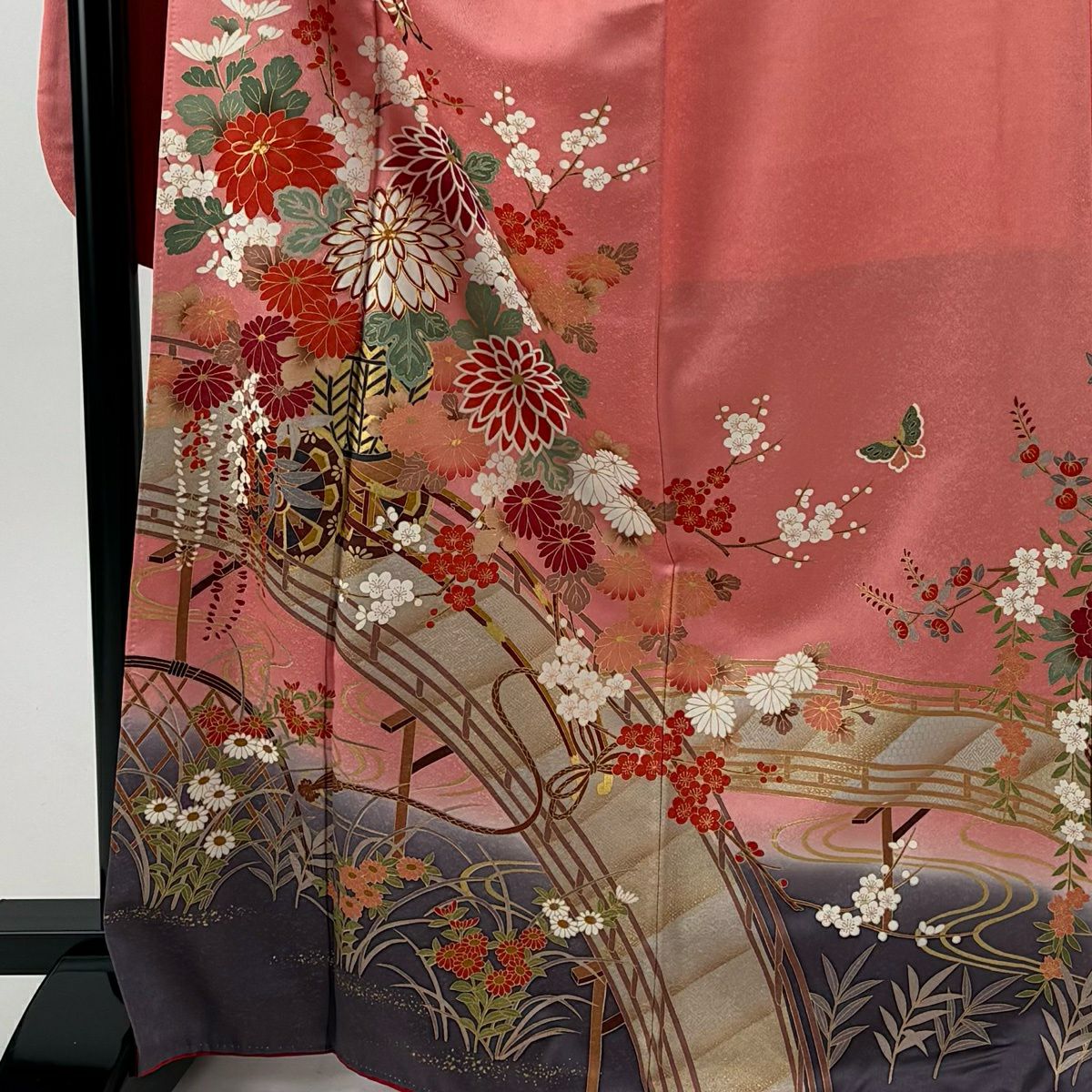 振袖禮服 身長168cm 袖長68cm L 雙層 花車 橋 金絲 金銀彩 粉紅 純蠶絲 秀品級