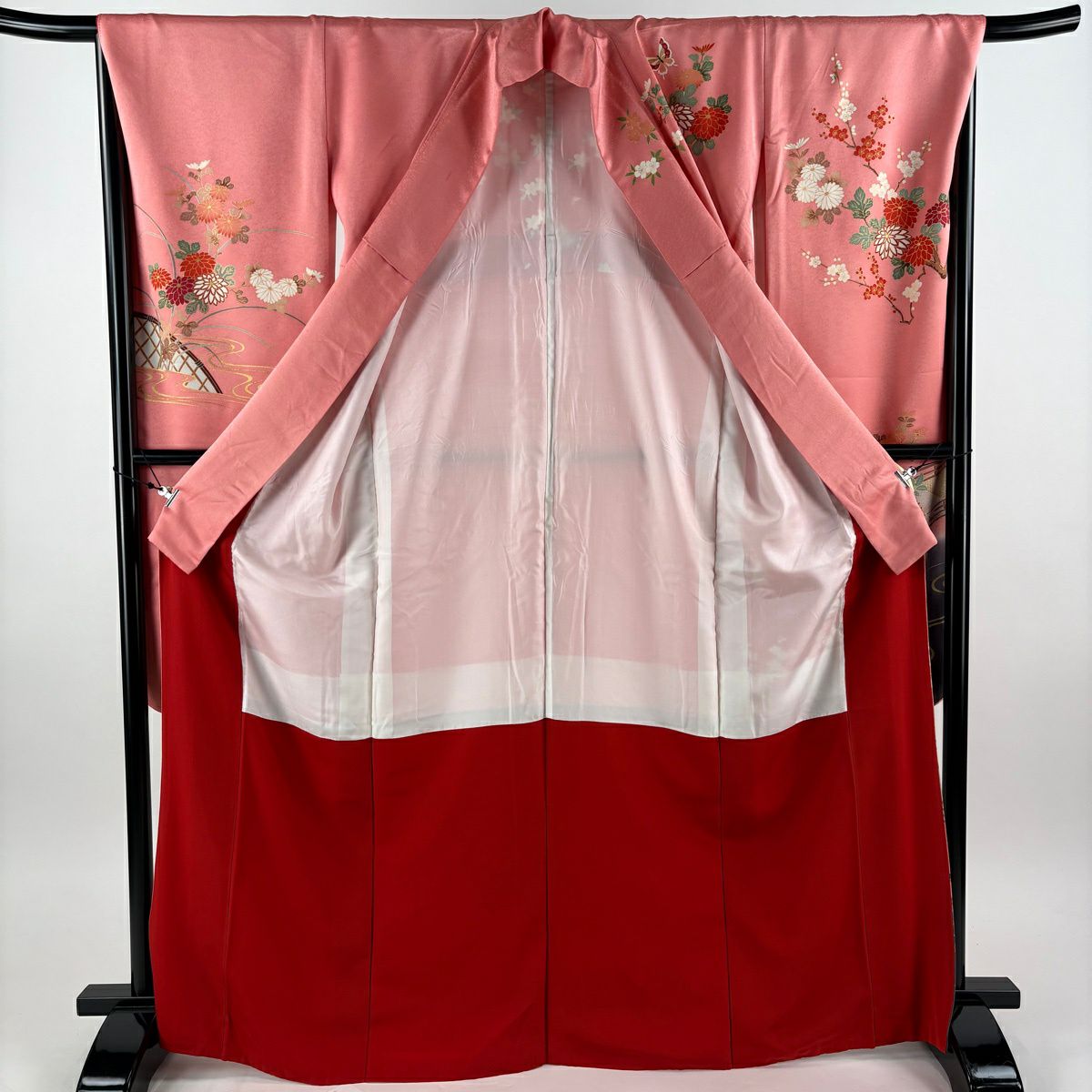 振袖禮服 身長168cm 袖長68cm L 雙層 花車 橋 金絲 金銀彩 粉紅 純蠶絲 秀品級