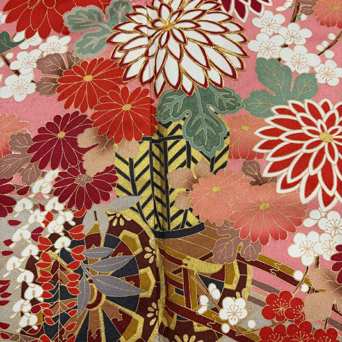 振袖禮服 身長168cm 袖長68cm L 雙層 花車 橋 金絲 金銀彩 粉紅 純蠶絲 秀品級