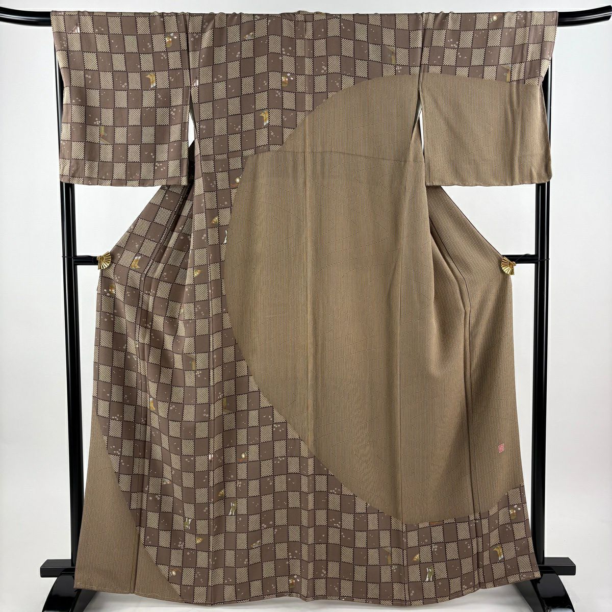 【美品】訪問服 身長165cm 袖長68cm L 雙層 落款 市松樹 縞 金銀彩 灰茶 純蠶絲 秀品級