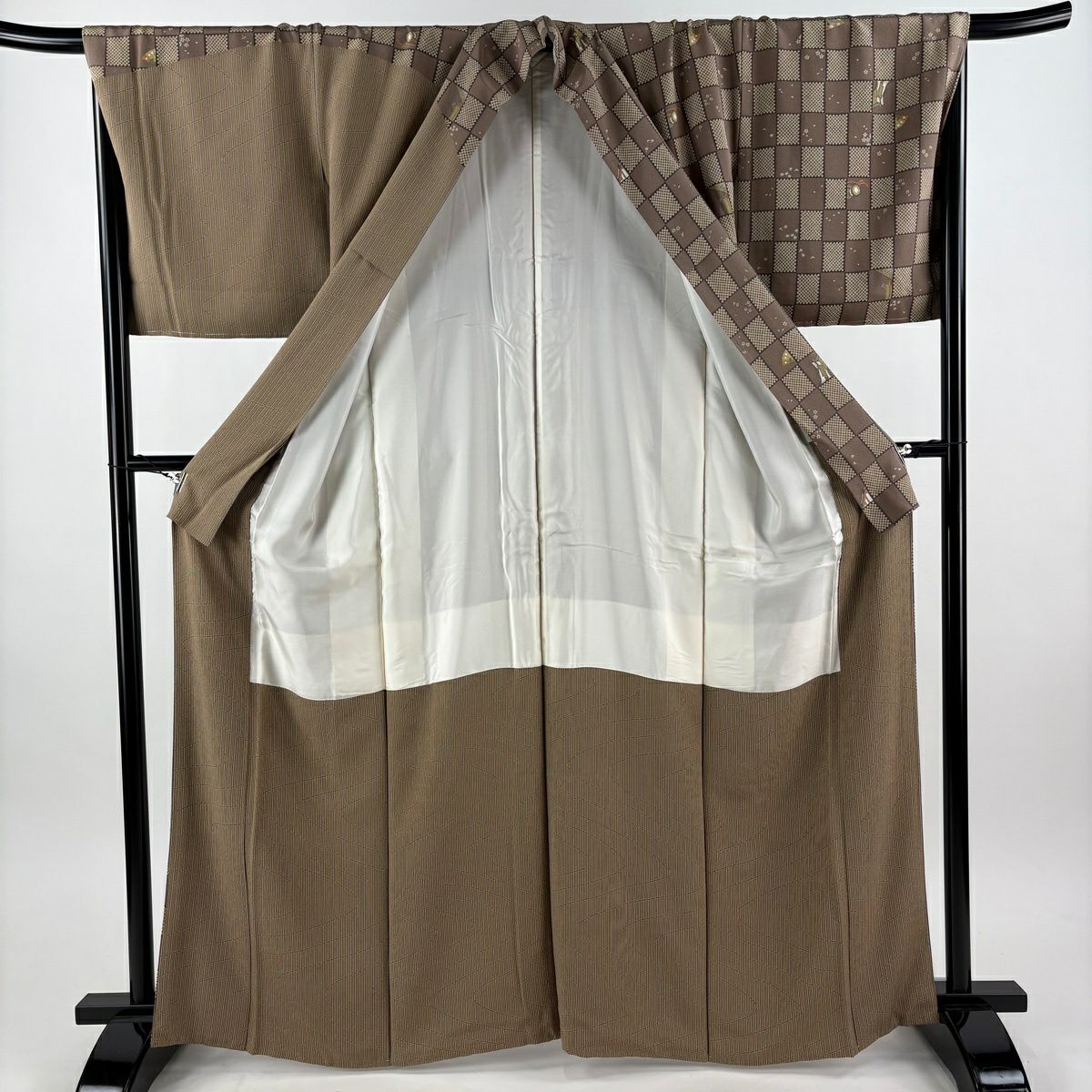 【美品】訪問服 身長165cm 袖長68cm L 雙層 落款 市松樹 縞 金銀彩 灰茶 純蠶絲 秀品級