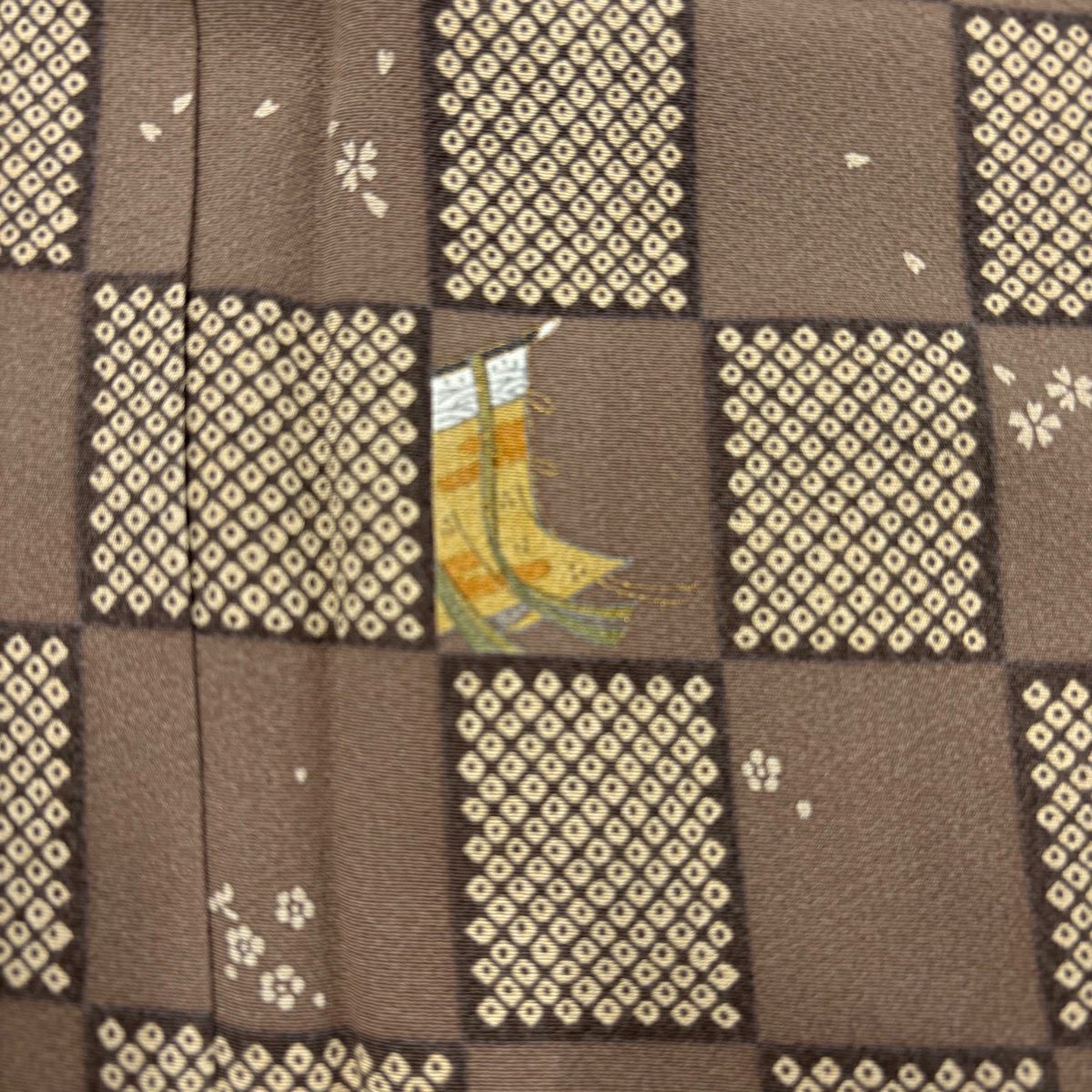 【美品】訪問服 身長165cm 袖長68cm L 雙層 落款 市松樹 縞 金銀彩 灰茶 純蠶絲 秀品級