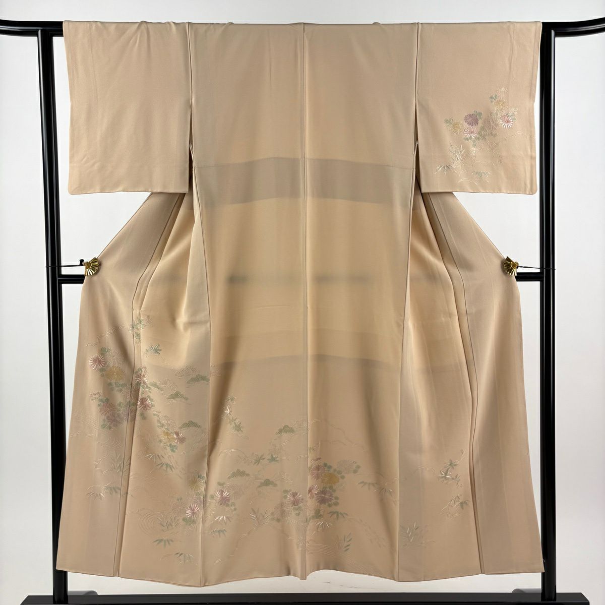【美品】訪問服 身長150.5cm 袖長62.5cm S 雙層 草花紋紋 流水刺繡 薄茶 純蠶絲 秀品級