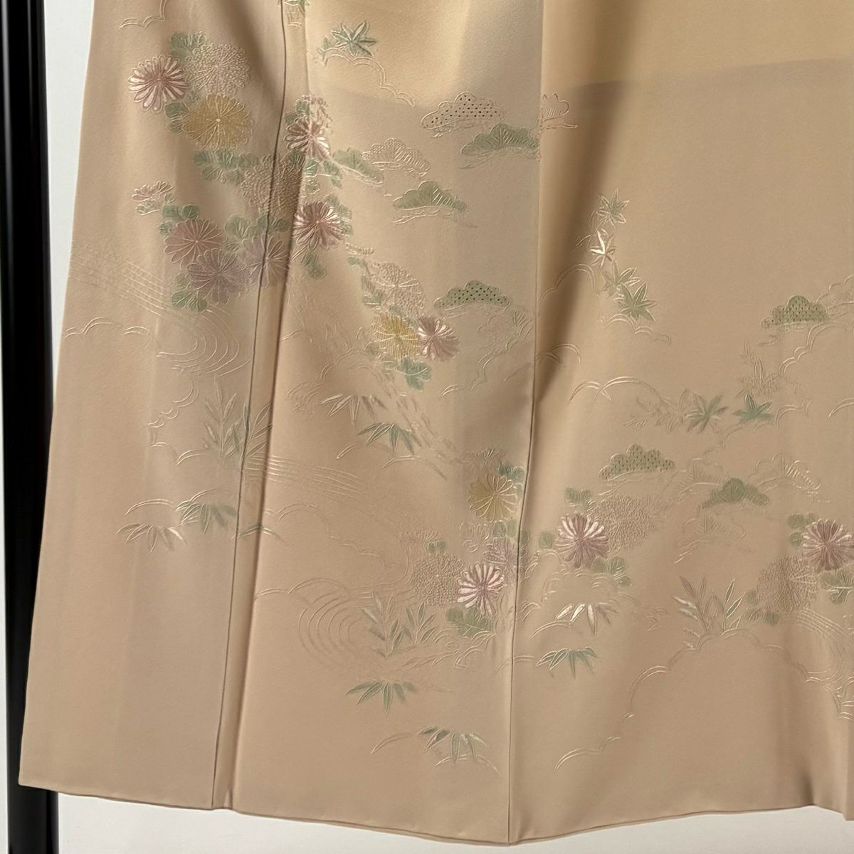 【美品】訪問服 身長150.5cm 袖長62.5cm S 雙層 草花紋紋 流水刺繡 薄茶 純蠶絲 秀品級