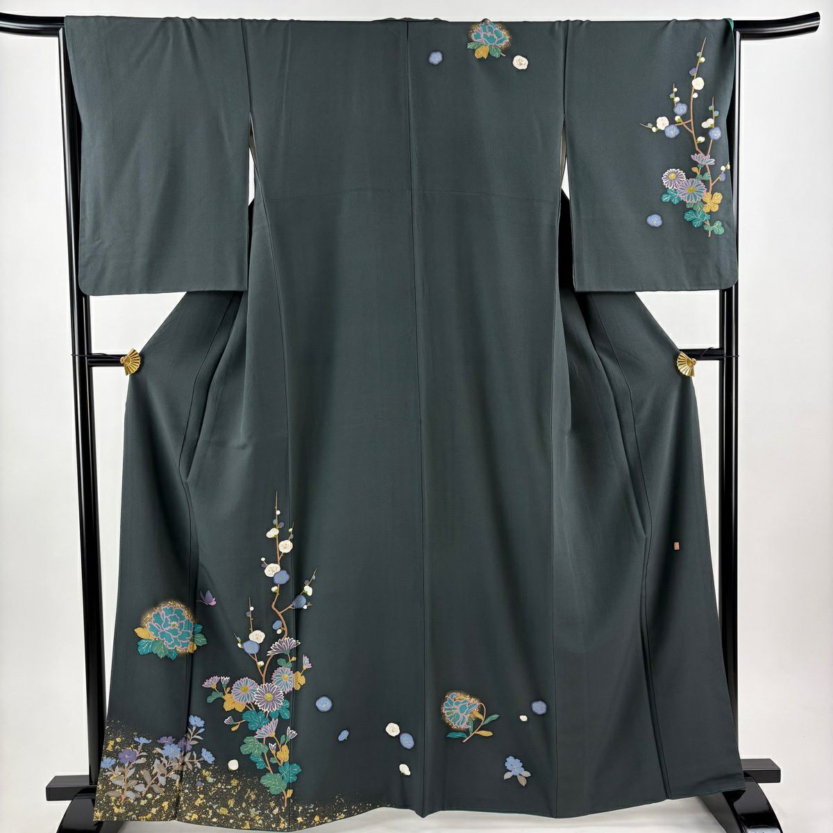 付下 身長163.5cm 袖長66.5cm M 雙層 落款有 枝梅花 菊花 花金銀彩 灰綠 純蠶絲 優品級