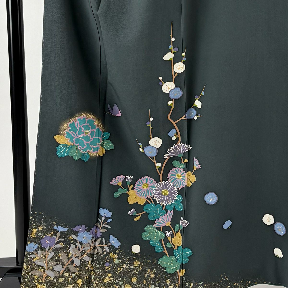 付下 身長163.5cm 袖長66.5cm M 雙層 落款有 枝梅花 菊花 花金銀彩 灰綠 純蠶絲 優品級
