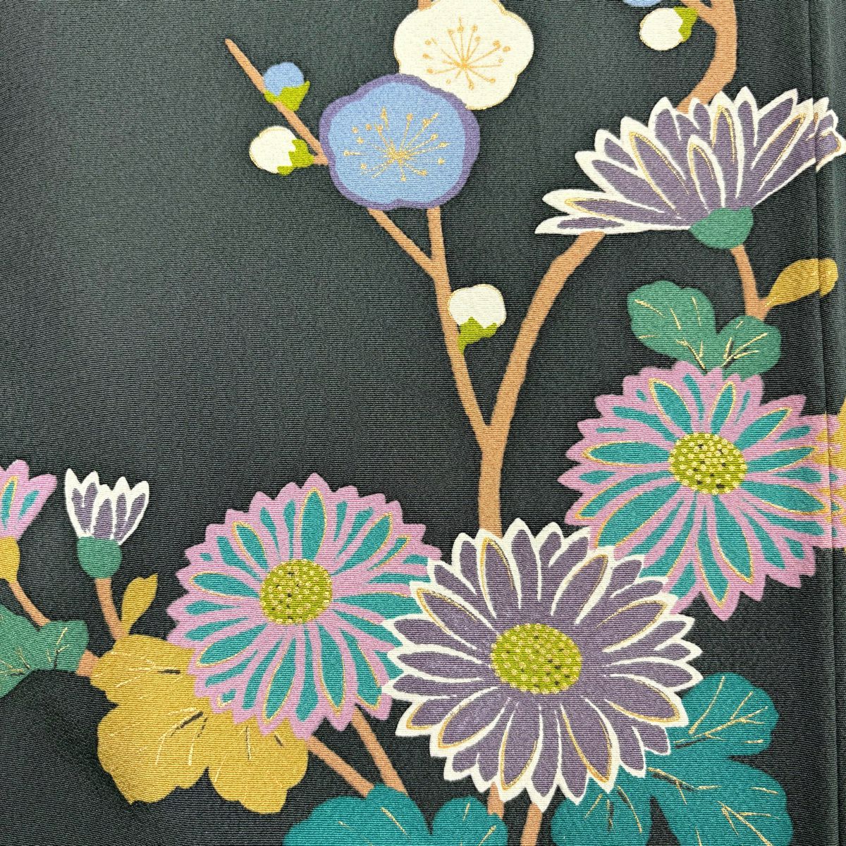付下 身長163.5cm 袖長66.5cm M 雙層 落款有 枝梅花 菊花 花金銀彩 灰綠 純蠶絲 優品級