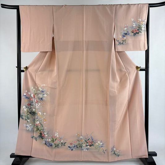 【美品】訪問服 身長164cm 袖長66cm M 雙層 草花紋紋 漸層 鮭粉色 純蠶絲 優品級