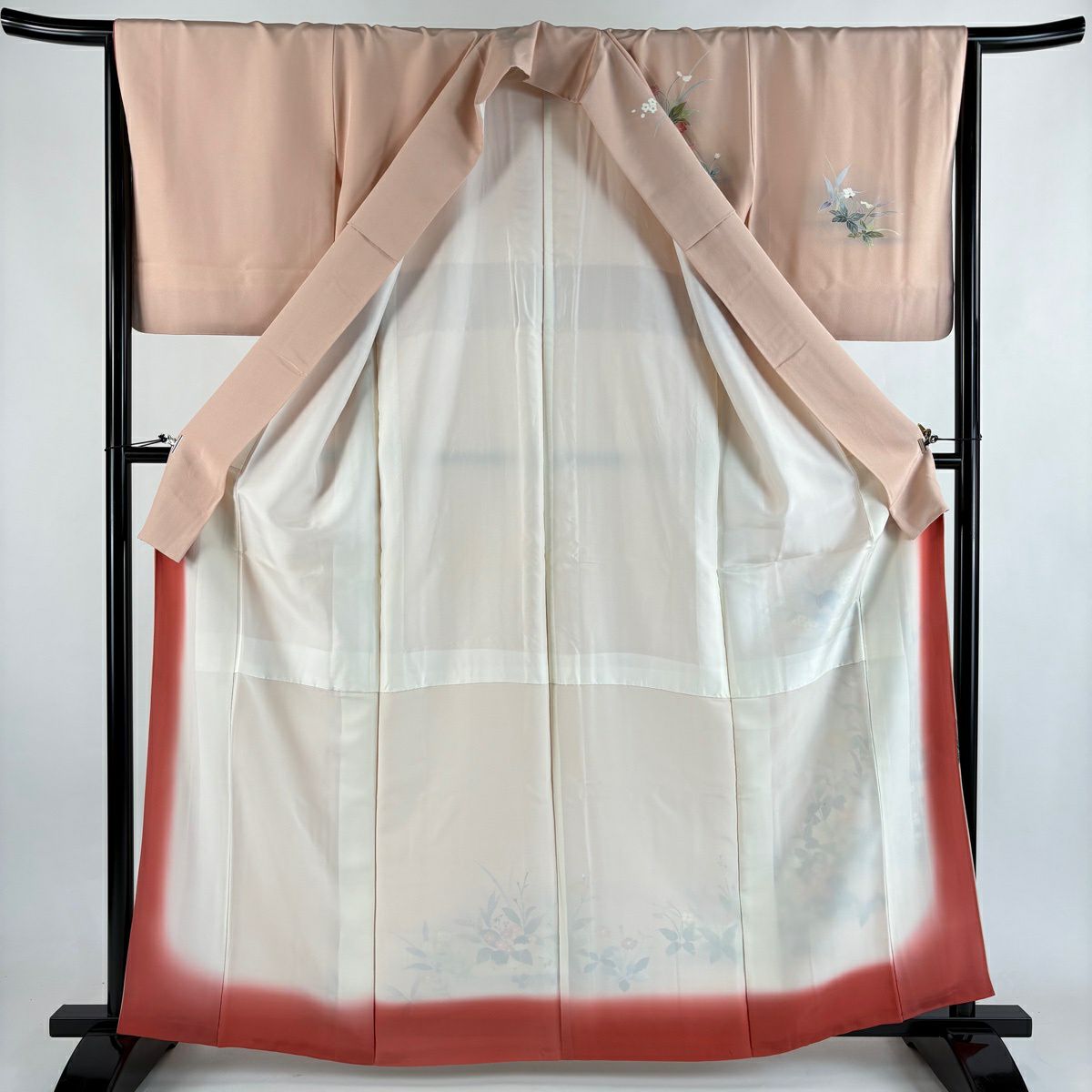 【美品】訪問服 身長164cm 袖長66cm M 雙層 草花紋紋 漸層 鮭粉色 純蠶絲 優品級