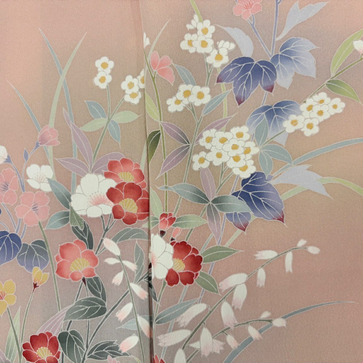 【美品】訪問服 身長164cm 袖長66cm M 雙層 草花紋紋 漸層 鮭粉色 純蠶絲 優品級