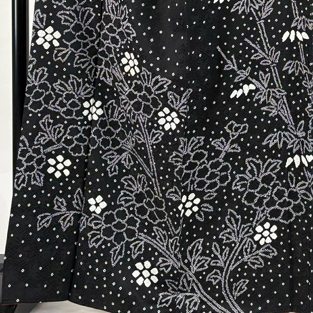 訪問服 身長166.5cm 袖長65cm M 雙層 草花紋紋 竹子 總絞染 黑 純蠶絲 秀品級