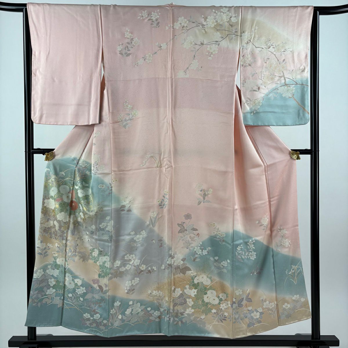 訪問服 身長153.5cm 袖長65cm M 雙層 櫻花 菊花花 金銀彩 漸層 粉紅 純蠶絲 優品級