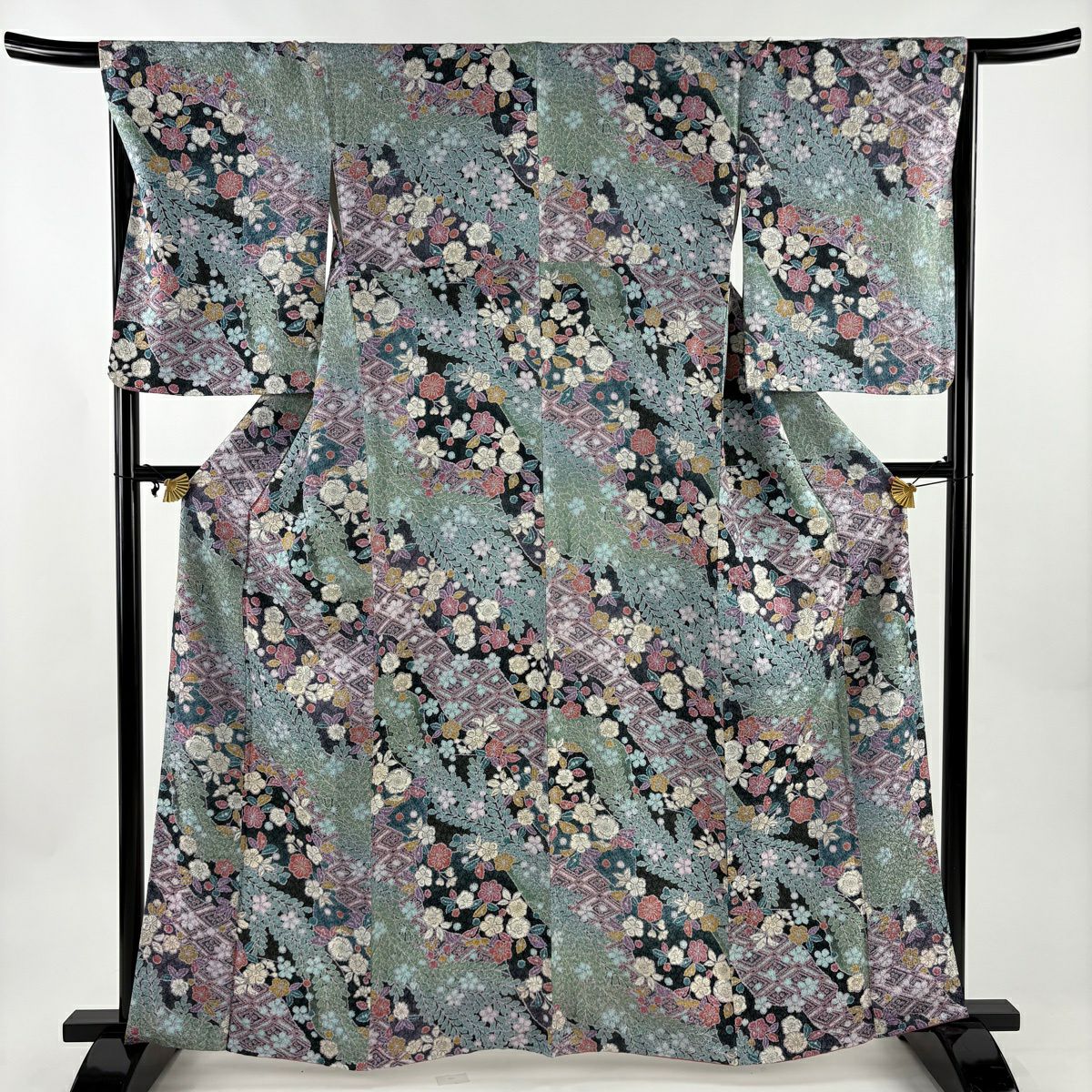 小紋 身長163cm 袖長68cm L 雙層 辻花染圖案 菱 灰綠 純蠶絲 秀品級