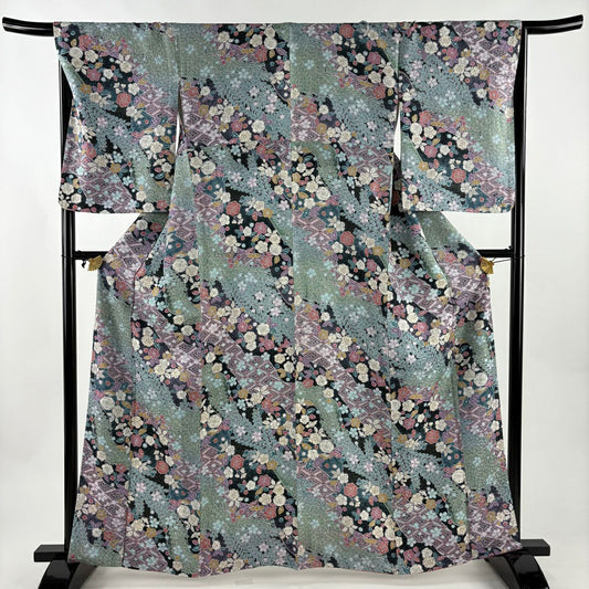小紋 身長163cm 袖長68cm L 雙層 辻花染圖案 菱 灰綠 純蠶絲 秀品級