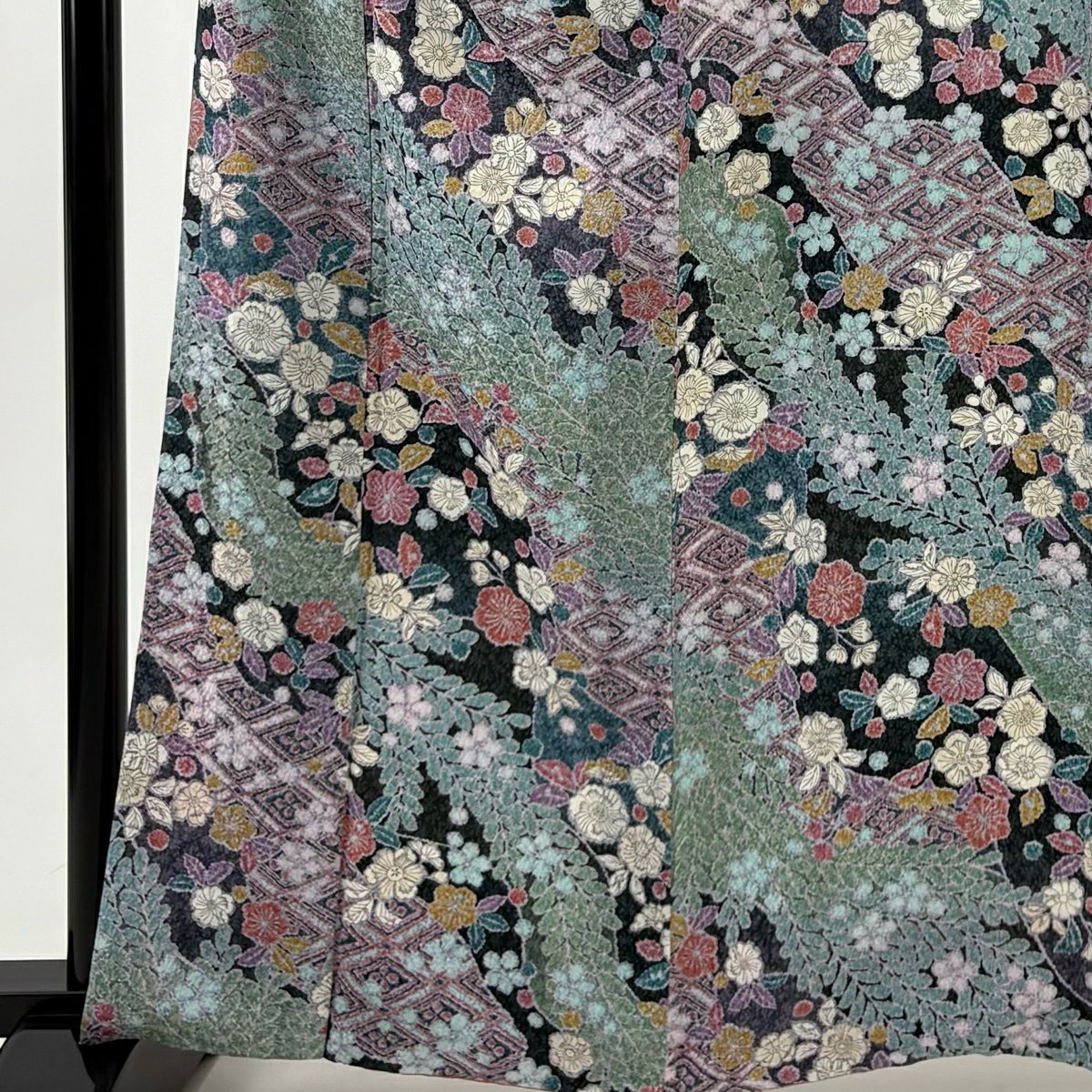 小紋 身長163cm 袖長68cm L 雙層 辻花染圖案 菱 灰綠 純蠶絲 秀品級