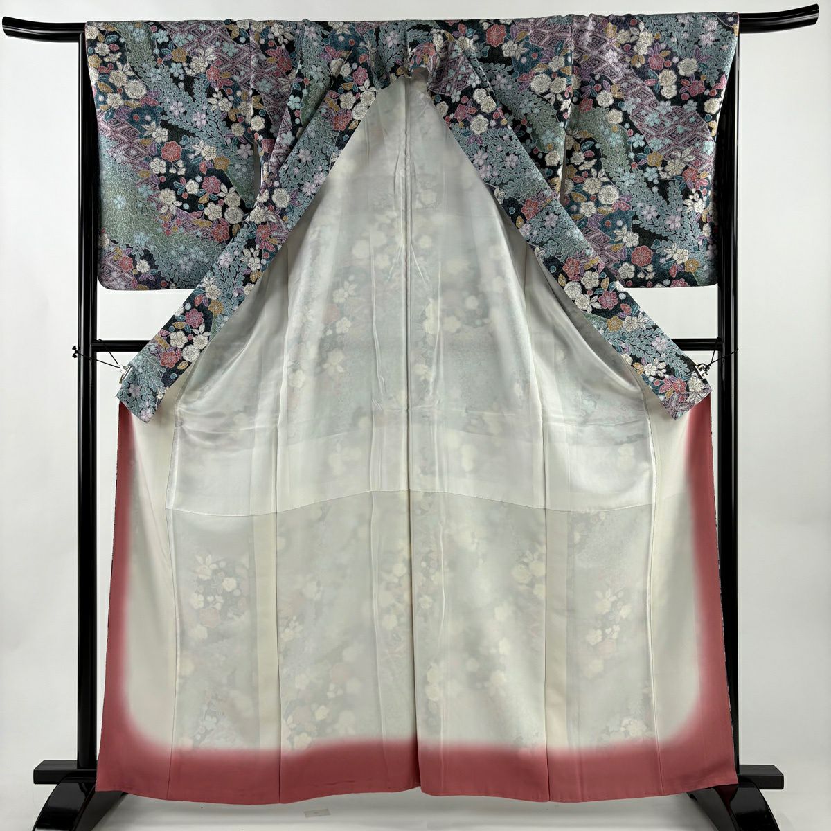 小紋 身長163cm 袖長68cm L 雙層 辻花染圖案 菱 灰綠 純蠶絲 秀品級