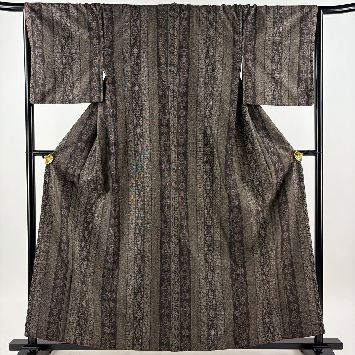 紬織 身長160.5cm 袖長67cm M 雙層 縱條 花 焦茶 純蠶絲 秀品級