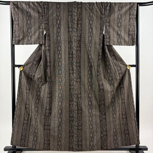 紬織 身長160.5cm 袖長67cm M 雙層 縱條 花 焦茶 純蠶絲 秀品級
