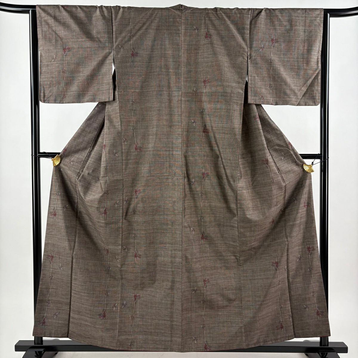 【美品】 紬織 身長159.5cm 袖長65.5cm M 雙層 葉柄 焦茶 純蠶絲 秀品級