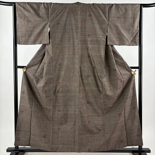 【美品】 紬織 身長159.5cm 袖長65.5cm M 雙層 葉柄 焦茶 純蠶絲 秀品級