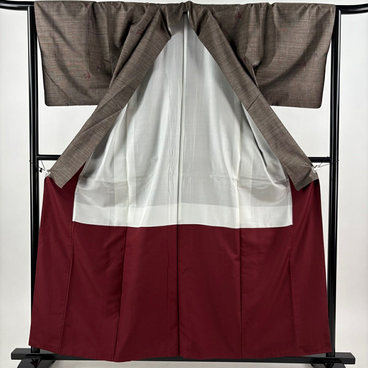 【美品】 紬織 身長159.5cm 袖長65.5cm M 雙層 葉柄 焦茶 純蠶絲 秀品級