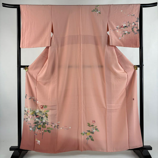 【美品】 付下 身長163cm 袖長64.5cm M 雙層 落款あり 枝花 霞 漸層 粉紅 純蠶絲 優品級