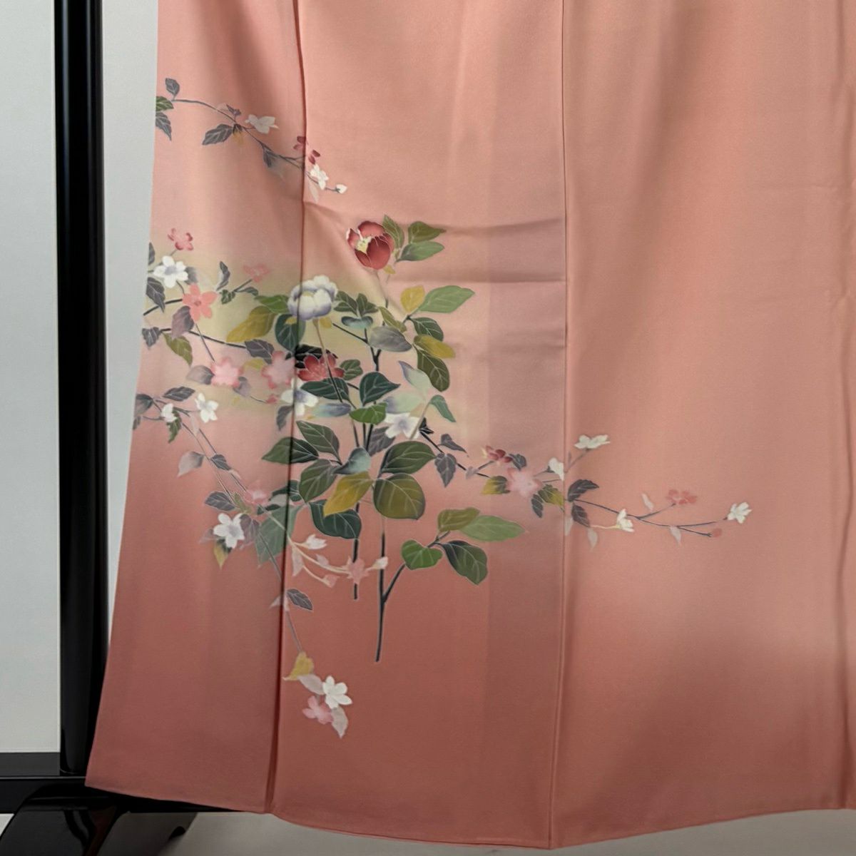 【美品】 付下 身長163cm 袖長64.5cm M 雙層 落款あり 枝花 霞 漸層 粉紅 純蠶絲 優品級