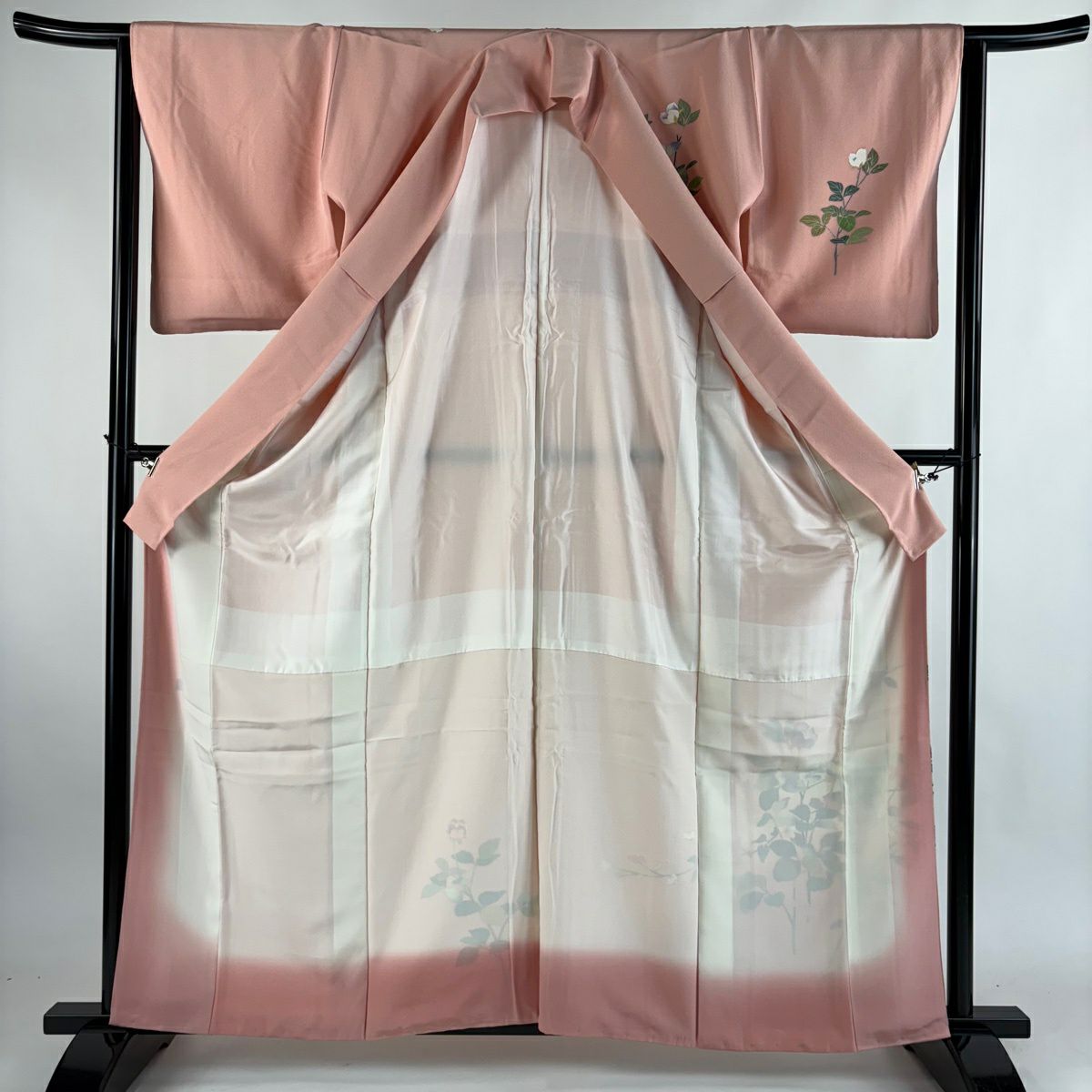 【美品】 付下 身長163cm 袖長64.5cm M 雙層 落款あり 枝花 霞 漸層 粉紅 純蠶絲 優品級