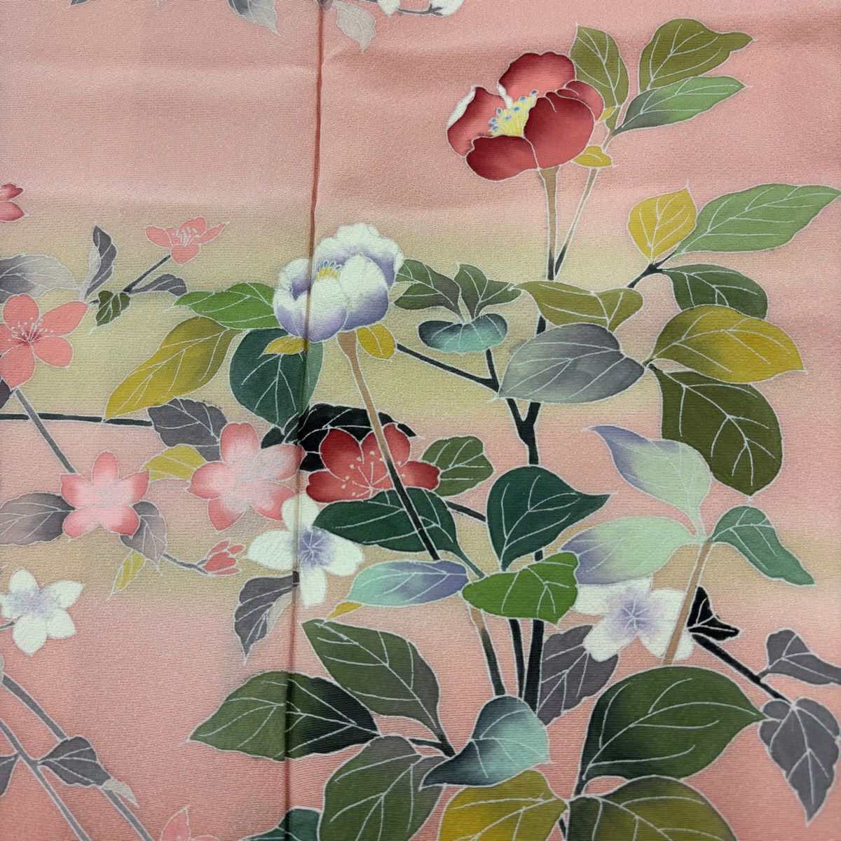 【美品】 付下 身長163cm 袖長64.5cm M 雙層 落款あり 枝花 霞 漸層 粉紅 純蠶絲 優品級