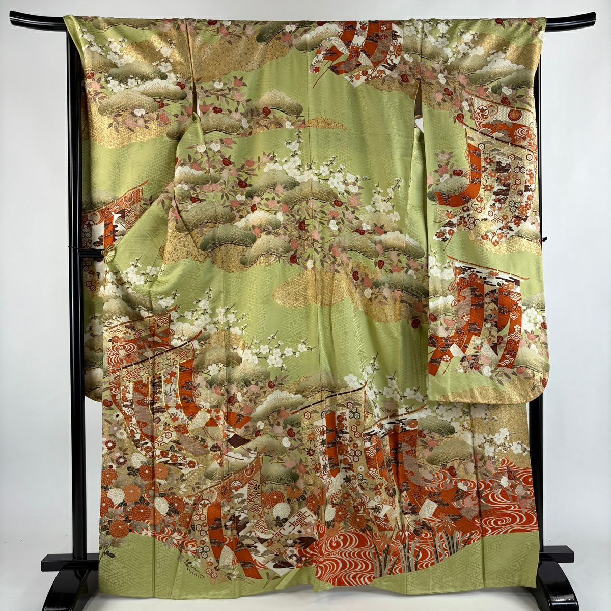 振袖禮服 身長168cm 袖長68.5cm L 雙層 幾帳 松樹梅花 金絲 金銀彩 淺綠 純蠶絲 秀品級