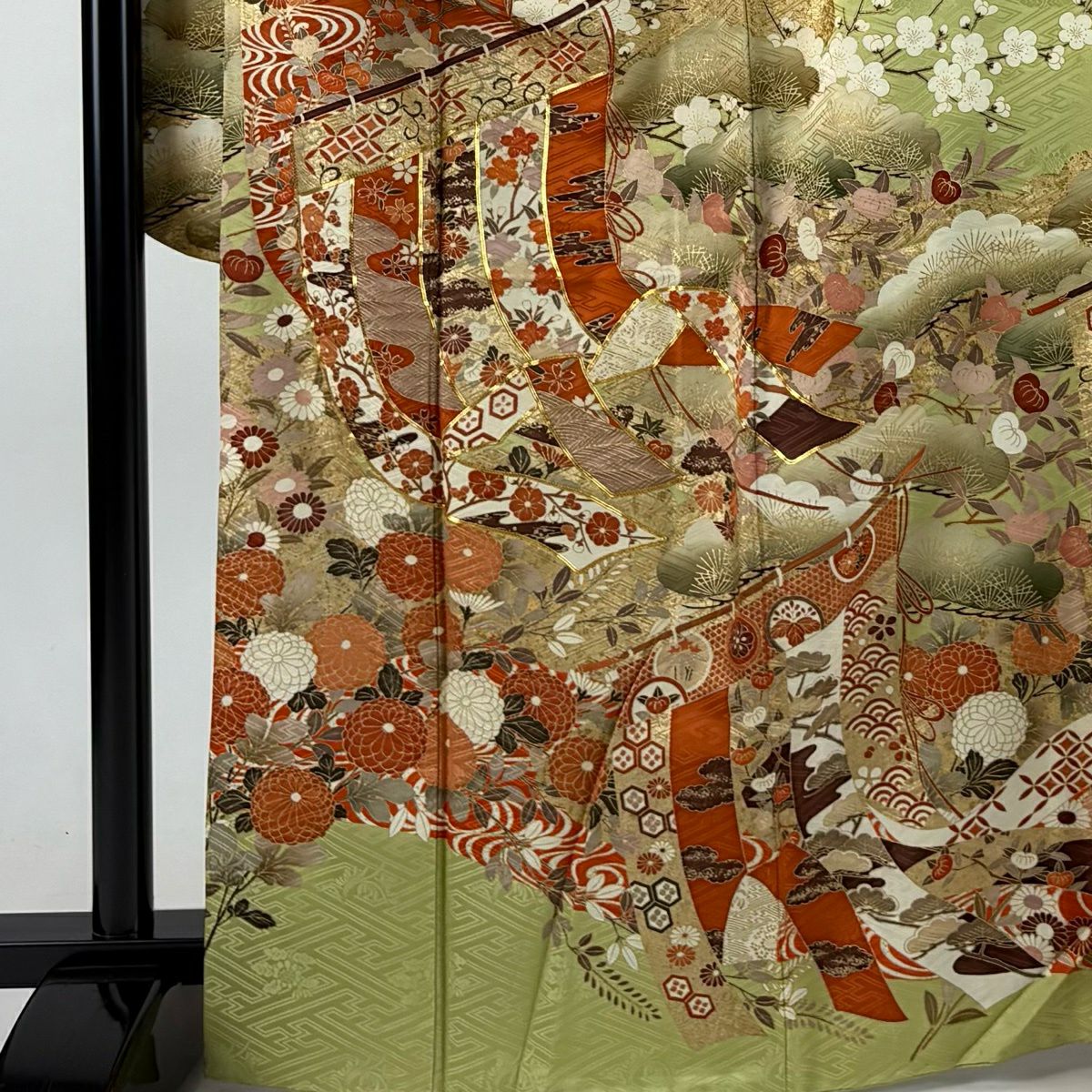 振袖禮服 身長168cm 袖長68.5cm L 雙層 幾帳 松樹梅花 金絲 金銀彩 淺綠 純蠶絲 秀品級