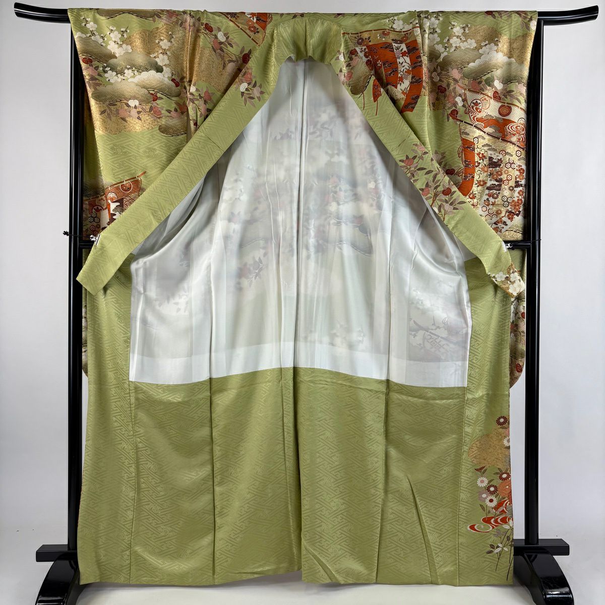 振袖禮服 身長168cm 袖長68.5cm L 雙層 幾帳 松樹梅花 金絲 金銀彩 淺綠 純蠶絲 秀品級