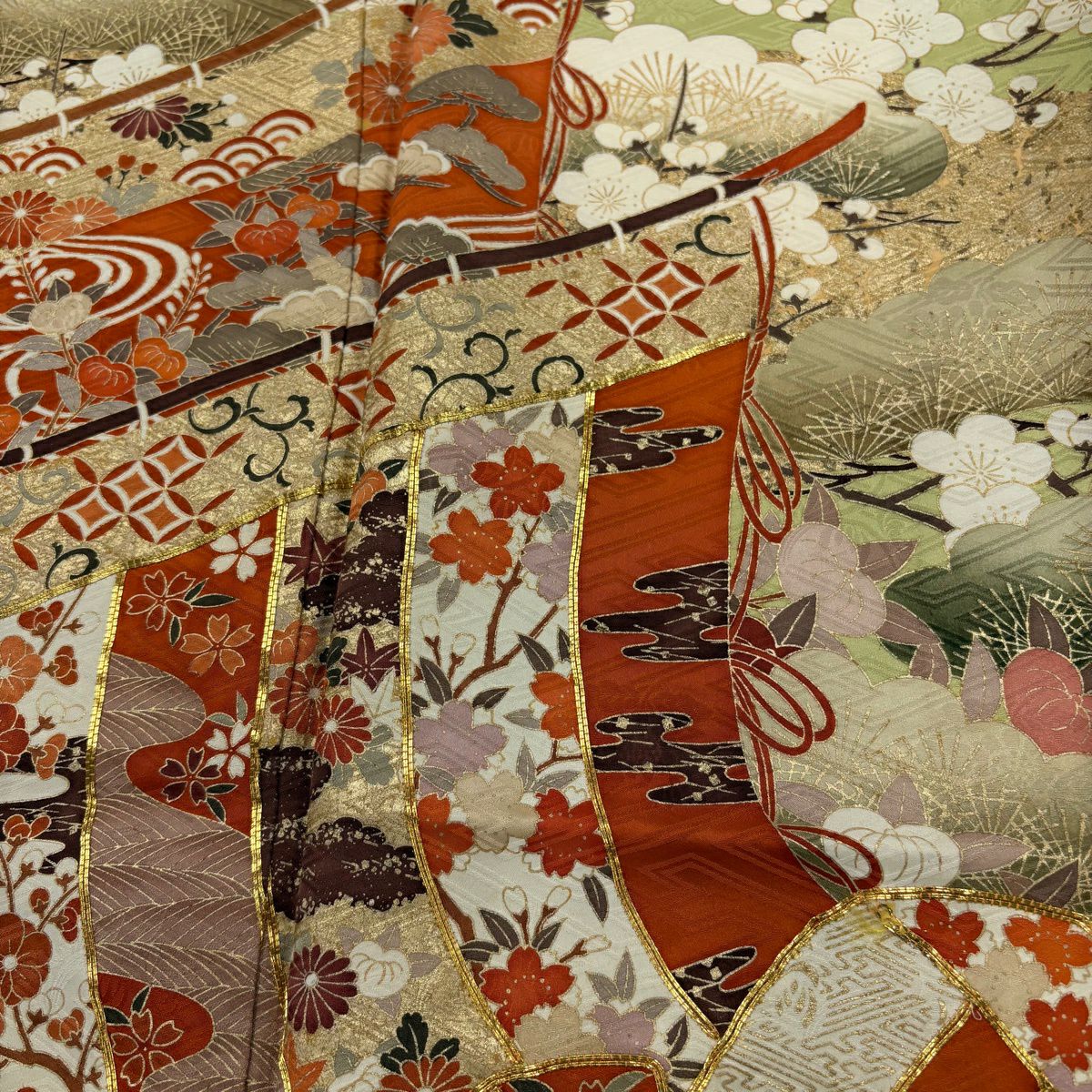 振袖禮服 身長168cm 袖長68.5cm L 雙層 幾帳 松樹梅花 金絲 金銀彩 淺綠 純蠶絲 秀品級