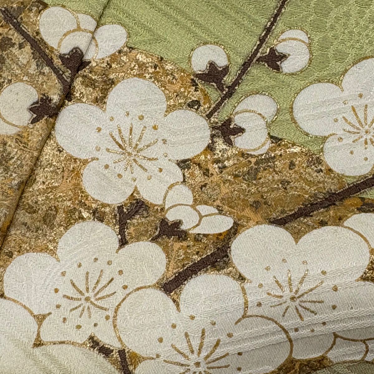 振袖禮服 身長168cm 袖長68.5cm L 雙層 幾帳 松樹梅花 金絲 金銀彩 淺綠 純蠶絲 秀品級