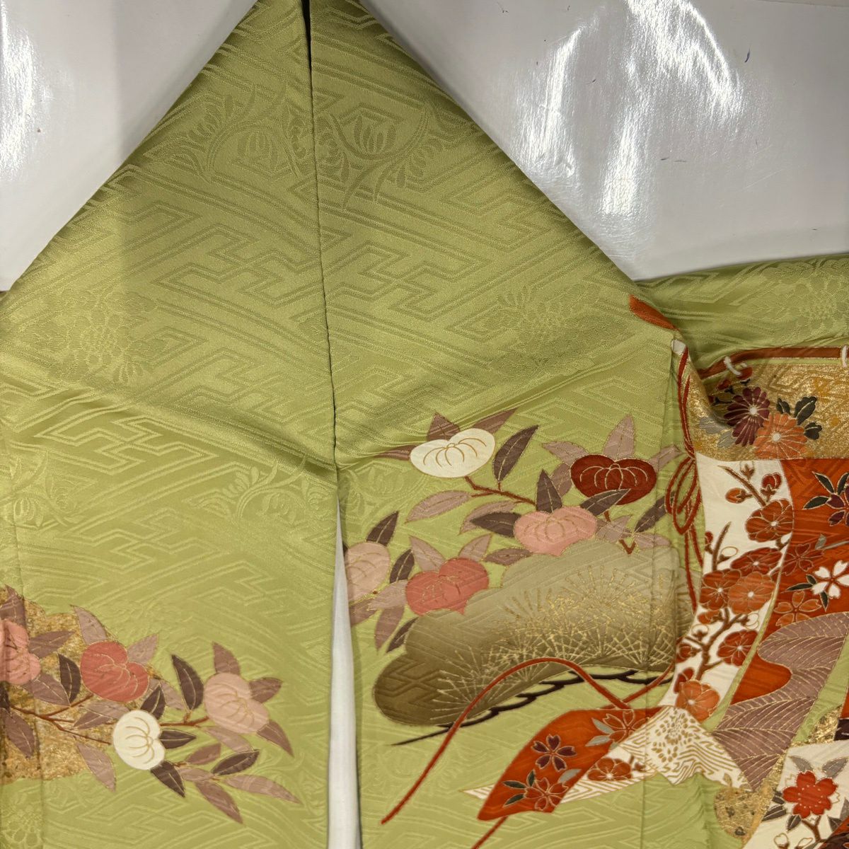 振袖禮服 身長168cm 袖長68.5cm L 雙層 幾帳 松樹梅花 金絲 金銀彩 淺綠 純蠶絲 秀品級