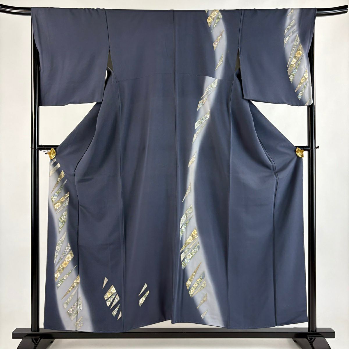 付下 身長155cm 袖長67cm M 雙層 草花紋紋 幾何學刺繡 金銀彩 深藍 純蠶絲 優品級