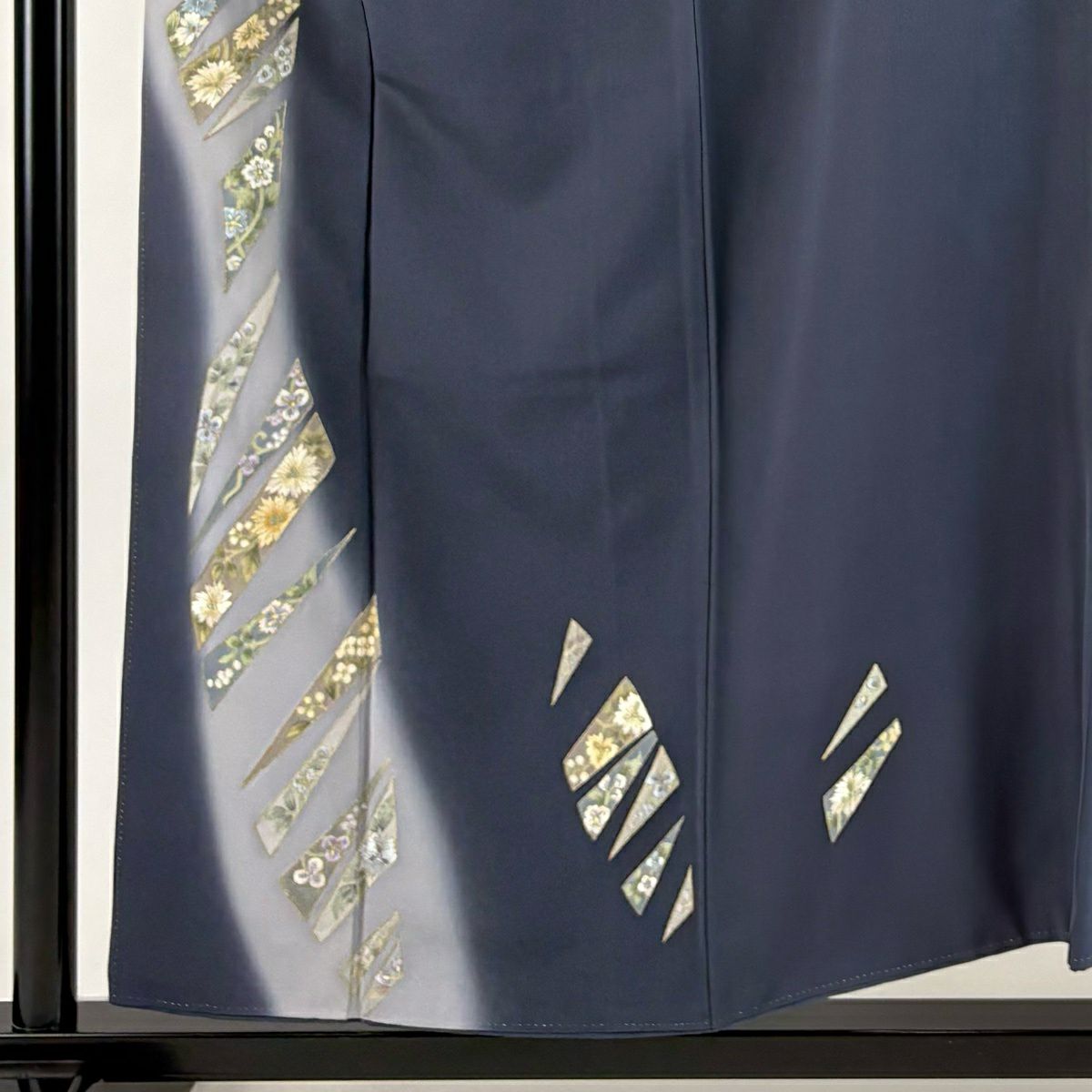 付下 身長155cm 袖長67cm M 雙層 草花紋紋 幾何學刺繡 金銀彩 深藍 純蠶絲 優品級