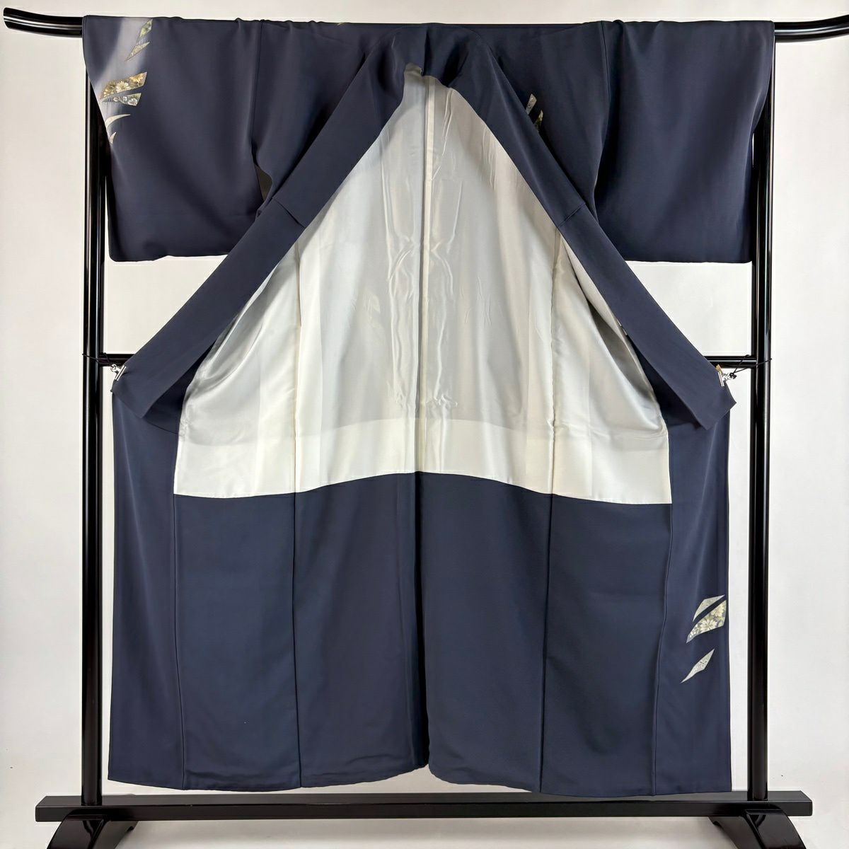 付下 身長155cm 袖長67cm M 雙層 草花紋紋 幾何學刺繡 金銀彩 深藍 純蠶絲 優品級