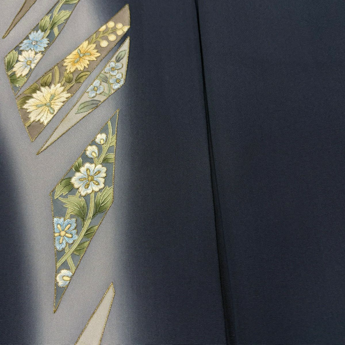 付下 身長155cm 袖長67cm M 雙層 草花紋紋 幾何學刺繡 金銀彩 深藍 純蠶絲 優品級