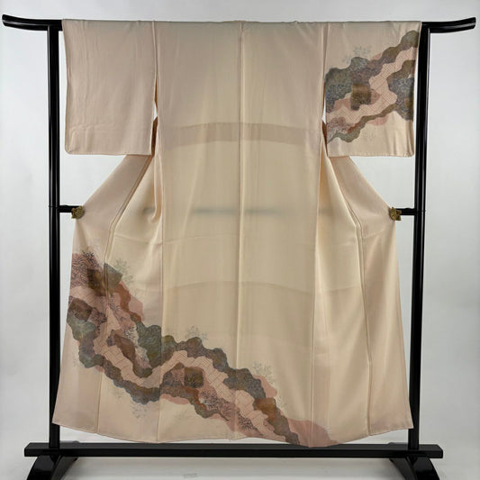 訪問服 身長153.5cm 袖長63.5cm S 雙層 破れ色紙 道長取 金銀彩 絞染 粉米色 純蠶絲 秀品級 一つ紋