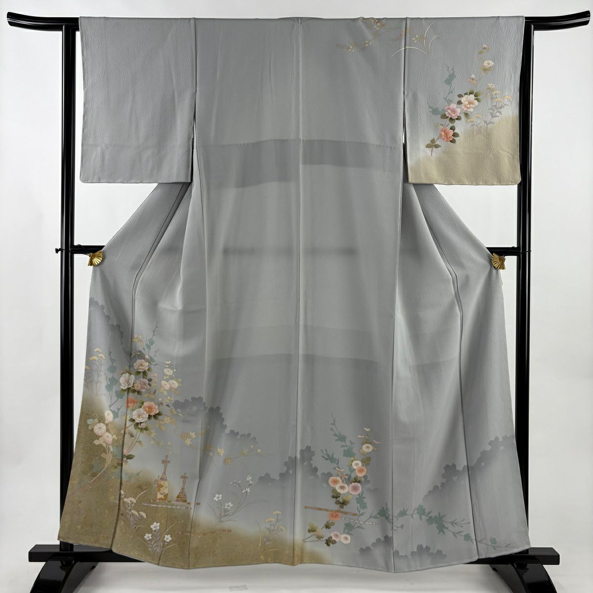 訪問服 身長160cm 袖長64cm M 雙層 椿 菊花 金銀彩 漸層 青灰 純蠶絲 秀品級