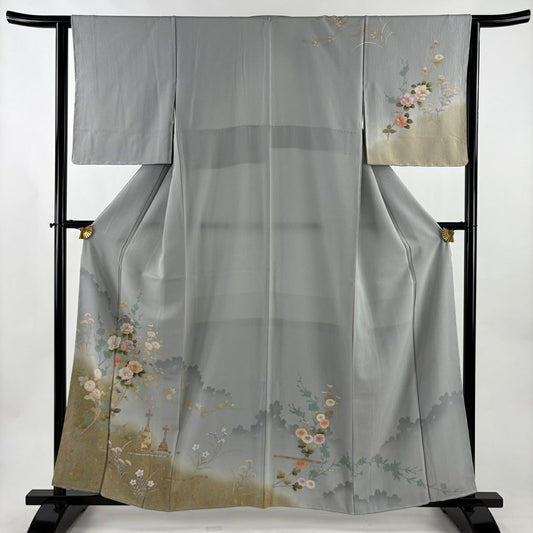訪問服 身長160cm 袖長64cm M 雙層 椿 菊花 金銀彩 漸層 青灰 純蠶絲 秀品級