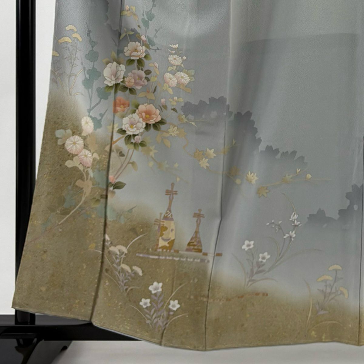 訪問服 身長160cm 袖長64cm M 雙層 椿 菊花 金銀彩 漸層 青灰 純蠶絲 秀品級