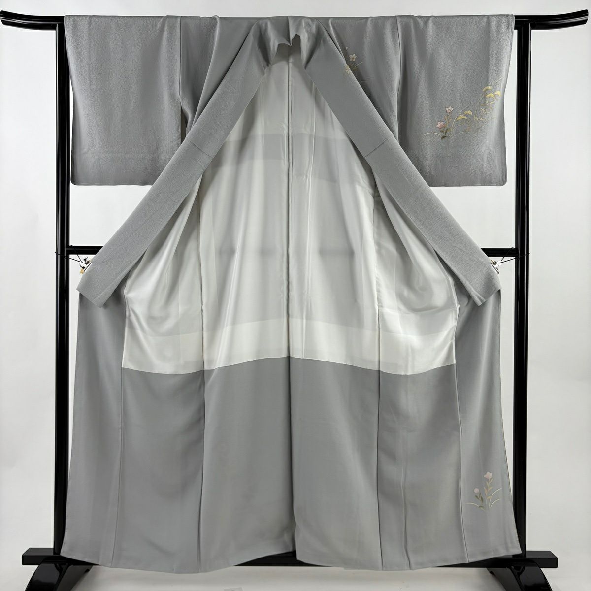 訪問服 身長160cm 袖長64cm M 雙層 椿 菊花 金銀彩 漸層 青灰 純蠶絲 秀品級