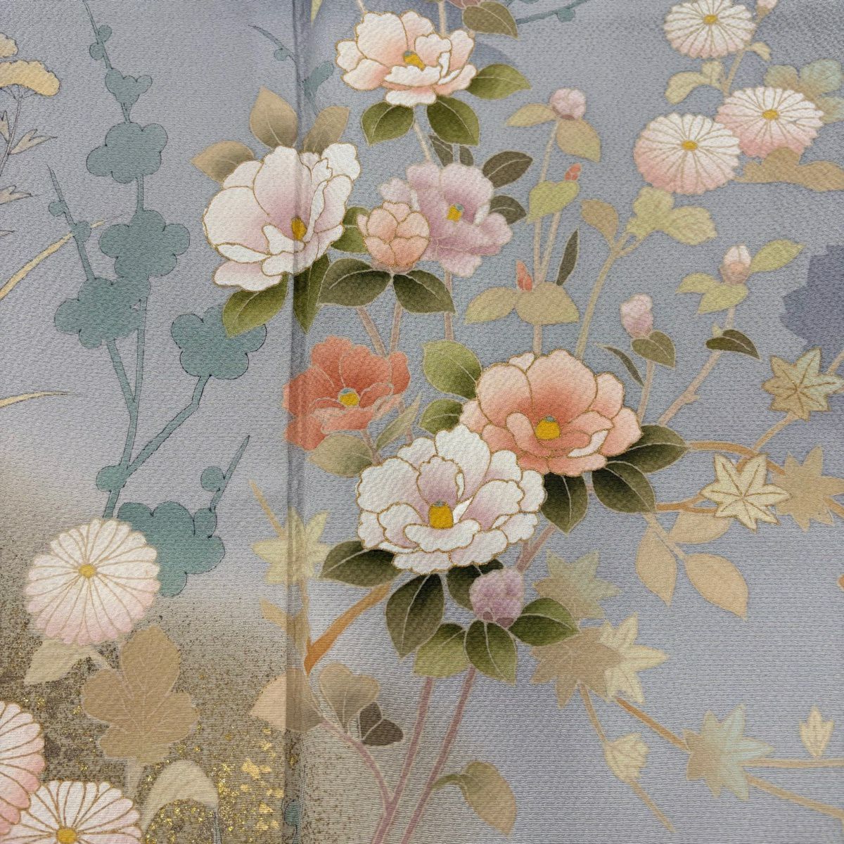 訪問服 身長160cm 袖長64cm M 雙層 椿 菊花 金銀彩 漸層 青灰 純蠶絲 秀品級