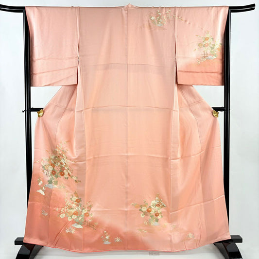 【美品】訪問服 身長162cm 袖長65cm M 雙層 鈴乃屋 扇子 秋草 金銀彩 漸層 粉色 純蠶絲 優品級