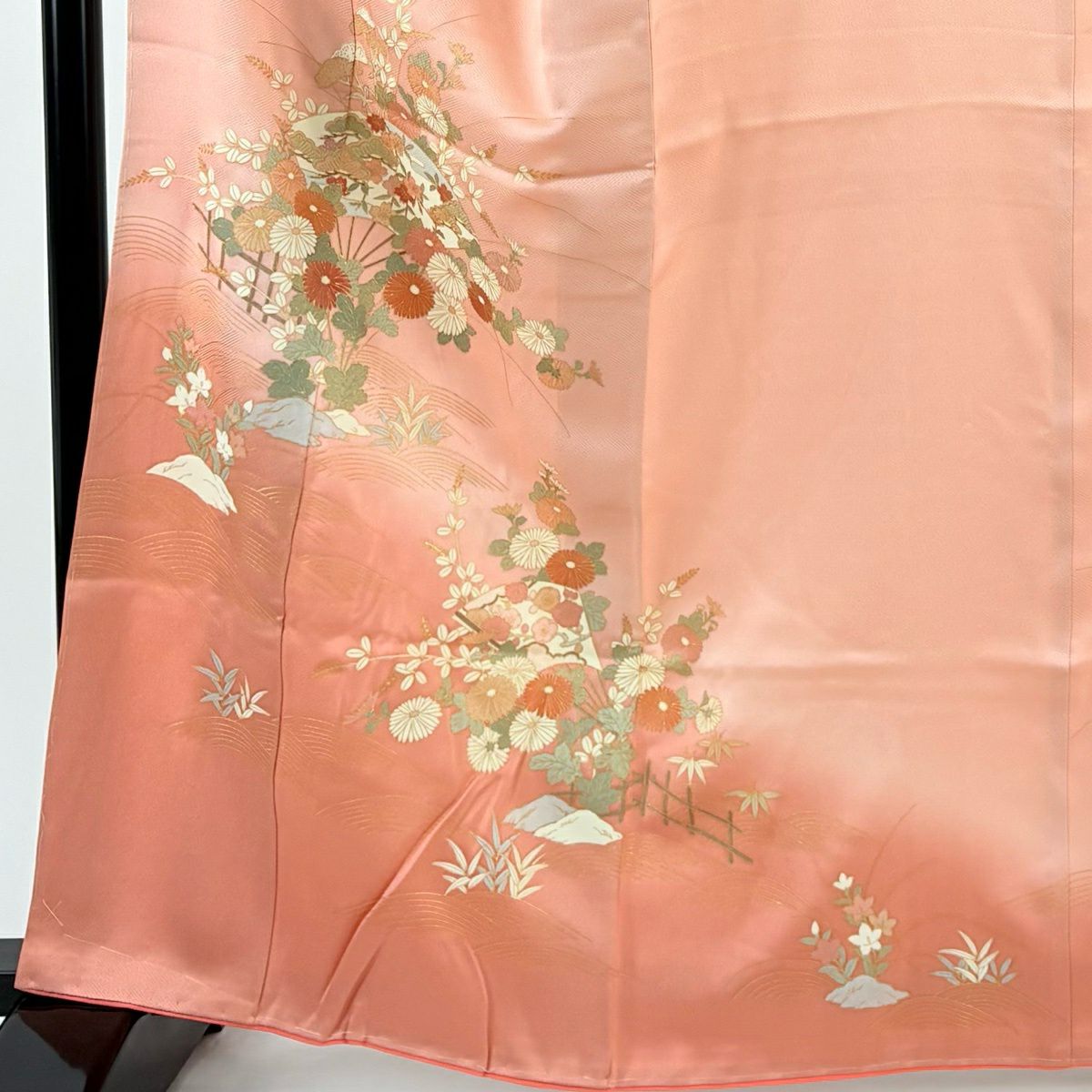 【美品】訪問服 身長162cm 袖長65cm M 雙層 鈴乃屋 扇子 秋草 金銀彩 漸層 粉色 純蠶絲 優品級